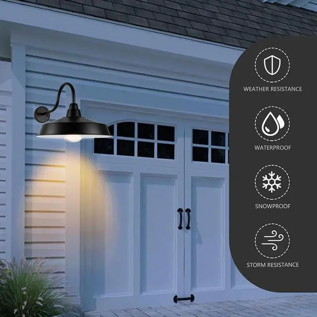 Alt view image 3 of 7 - Outdoor Gooseneck Large Barn Light 16 Inch Dome Exterior Wall Sconce Anti-Rust Waterproof Vintage Porch Wall Light Fixtures Wall Mount Outdoor Farmhouse Light Fixture