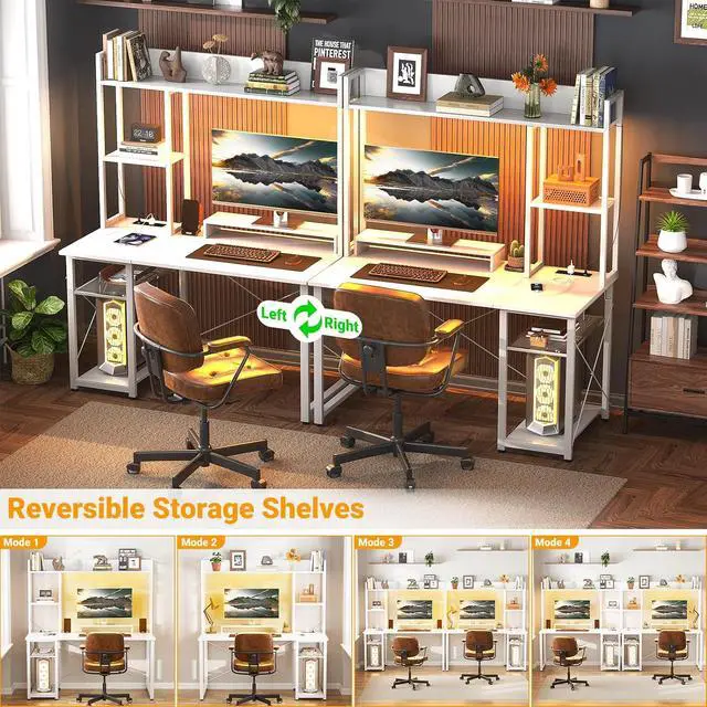 Alt view image 6 of 7 - Gaming Desk with Hutch, 39'' Computer Desk with LED Lights & Power Outlets, Home Office Desk with Reversible 5 Tiers Storage Shelves & Monitor Stand, Small Gaming Table for Small Space, White