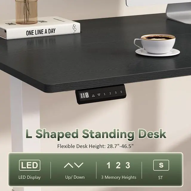 Alt view image 4 of 7 - Farmhouse L Shaped Standing Desk, 66 inch Corner Electric Standing Desk with Drawers Storage Shelves, Height Adjustable Computer Desk with Power Outlets for Home Office (Black and White)