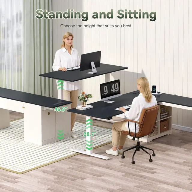 Alt view image 5 of 7 - Farmhouse L Shaped Standing Desk, 66 inch Corner Electric Standing Desk with Drawers Storage Shelves, Height Adjustable Computer Desk with Power Outlets for Home Office (Black and White)