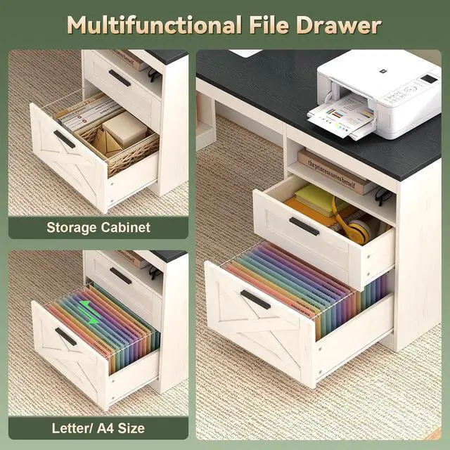 Alt view image 7 of 7 - Farmhouse L Shaped Standing Desk, 66 inch Corner Electric Standing Desk with Drawers Storage Shelves, Height Adjustable Computer Desk with Power Outlets for Home Office (Black and White)