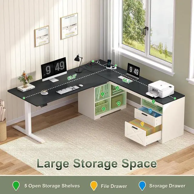 Alt view image 6 of 7 - Farmhouse L Shaped Standing Desk, 66 inch Corner Electric Standing Desk with Drawers Storage Shelves, Height Adjustable Computer Desk with Power Outlets for Home Office (Black and White)
