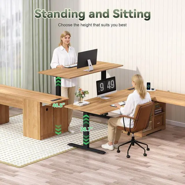 Alt view image 4 of 7 - Farmhouse L Shaped Standing Desk, 66 inch Rattan Corner Electric Standing Desk with Drawers Storage Shelves, Height Adjustable Computer Desk with Power Outlets for Home Office (Natural Oak)