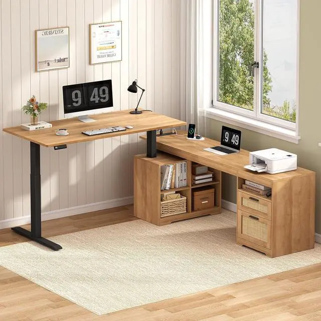 Alt view image 3 of 7 - Farmhouse L Shaped Standing Desk, 66 inch Rattan Corner Electric Standing Desk with Drawers Storage Shelves, Height Adjustable Computer Desk with Power Outlets for Home Office (Natural Oak)
