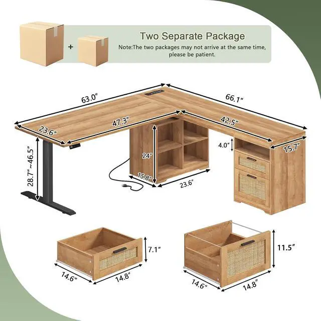 Alt view image 2 of 7 - Farmhouse L Shaped Standing Desk, 66 inch Rattan Corner Electric Standing Desk with Drawers Storage Shelves, Height Adjustable Computer Desk with Power Outlets for Home Office (Natural Oak)