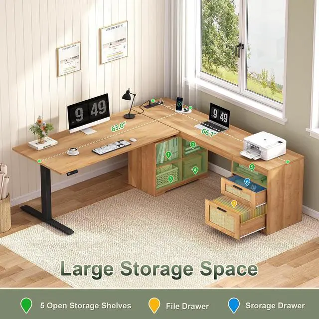Alt view image 5 of 7 - Farmhouse L Shaped Standing Desk, 66 inch Rattan Corner Electric Standing Desk with Drawers Storage Shelves, Height Adjustable Computer Desk with Power Outlets for Home Office (Natural Oak)