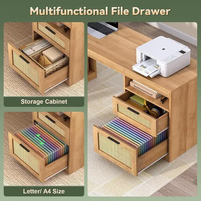 Alt view image 6 of 7 - Farmhouse L Shaped Standing Desk, 66 inch Rattan Corner Electric Standing Desk with Drawers Storage Shelves, Height Adjustable Computer Desk with Power Outlets for Home Office (Natural Oak)