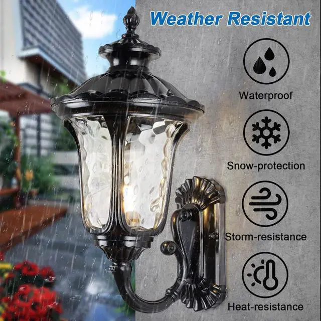 Alt view image 2 of 7 - Waterproof Exterior Wall Sconce 15.7 inch Aluminum Outdoor Wall Lanterns Porch Lights with Water Pattern Glass Shades E26 Vintage Outdoor Light Fixtures for House Garage Patio
