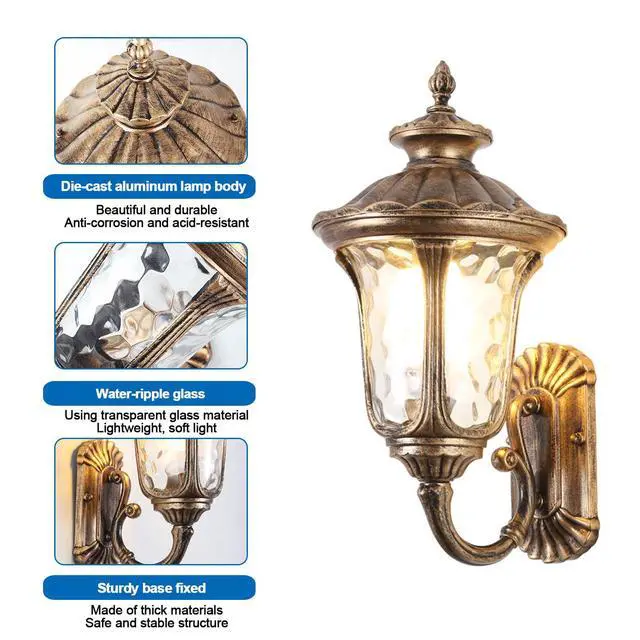 Alt view image 6 of 7 - Waterproof Exterior Wall Sconce 15.7 inch Aluminum Outdoor Wall Lanterns Porch Lights with Water Pattern Glass Shades E26 Vintage Outdoor Light Fixtures for House Garage Patio