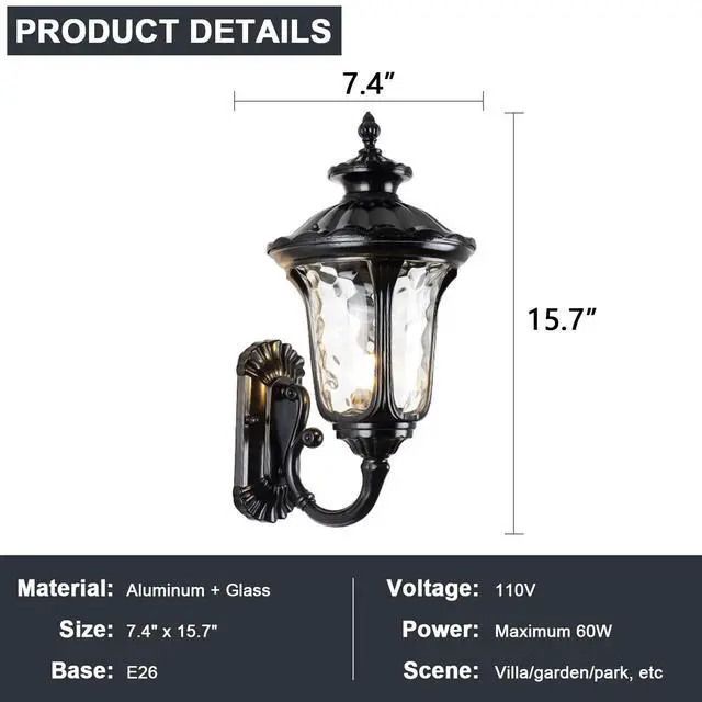 Alt view image 7 of 7 - Waterproof Exterior Wall Sconce 15.7 inch Aluminum Outdoor Wall Lanterns Porch Lights with Water Pattern Glass Shades E26 Vintage Outdoor Light Fixtures for House Garage Patio