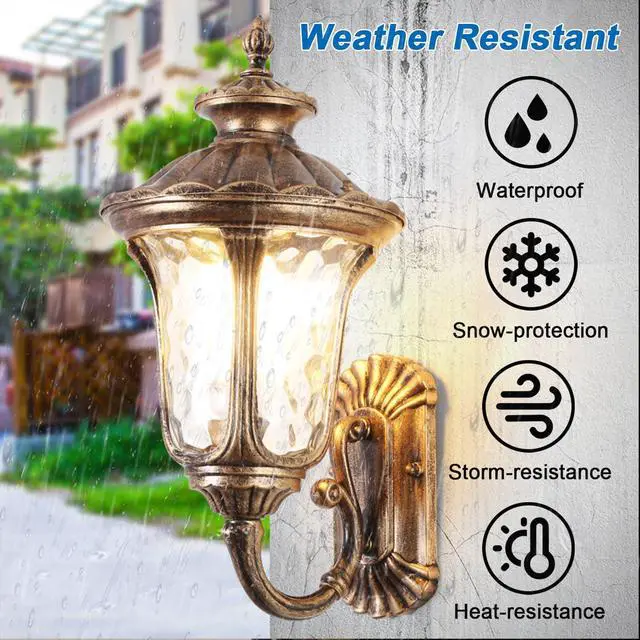 Alt view image 2 of 7 - Waterproof Exterior Wall Sconce 15.7 inch Aluminum Outdoor Wall Lanterns Porch Lights with Water Pattern Glass Shades E26 Vintage Outdoor Light Fixtures for House Garage Patio