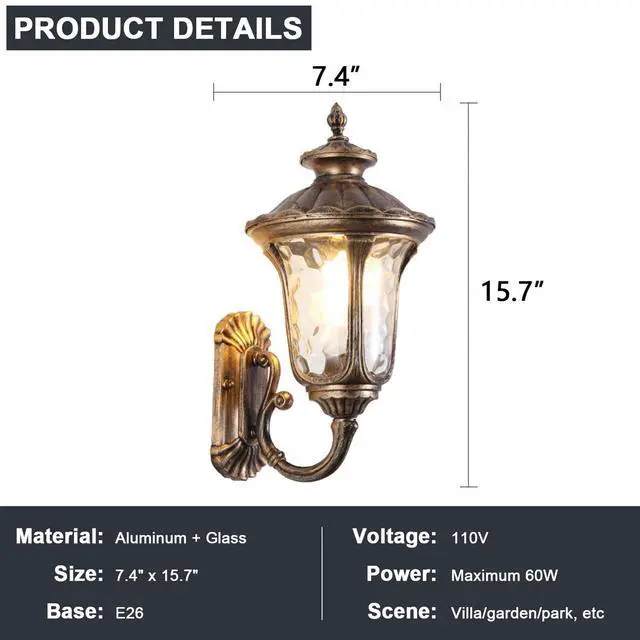 Alt view image 7 of 7 - Waterproof Exterior Wall Sconce 15.7 inch Aluminum Outdoor Wall Lanterns Porch Lights with Water Pattern Glass Shades E26 Vintage Outdoor Light Fixtures for House Garage Patio
