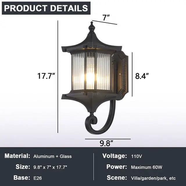 Alt view image 7 of 7 - European Exterior Wall Lanterns Waterproof Anti-Rust Aluminum Outdoor Wall Lights 17.7" Large Porch Lights E26 Socket Wall Lamps for Front Door Garage Patio
