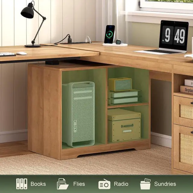 Alt view image 7 of 7 - Farmhouse L Shaped Standing Desk, 66 inch Rattan Corner Electric Standing Desk with Drawers Storage Shelves, Height Adjustable Computer Desk with Power Outlets for Home Office (Natural Oak)