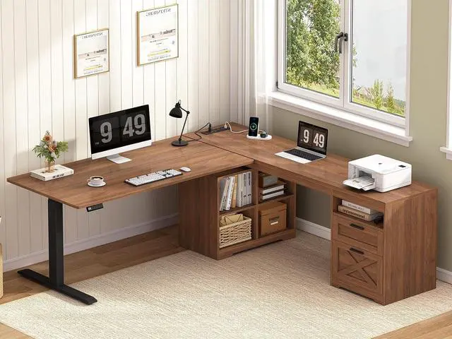 Main image of Farmhouse L Shaped Standing Desk, 66 inch Corner Electric Standing Desk with Drawers Storage Shelves, Height Adjustable Computer Desk with Power Outlets for Home Office (Brown)