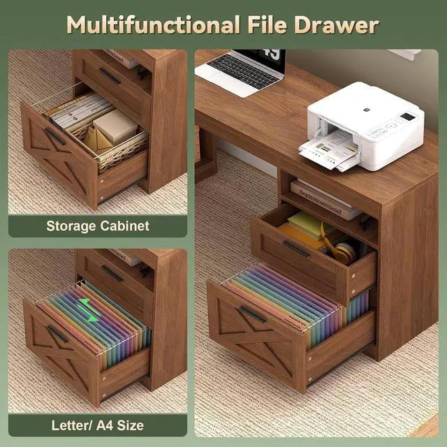 Alt view image 6 of 7 - Farmhouse L Shaped Standing Desk, 66 inch Corner Electric Standing Desk with Drawers Storage Shelves, Height Adjustable Computer Desk with Power Outlets for Home Office (Brown)