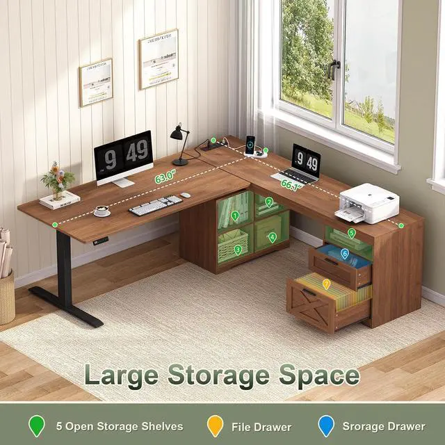 Alt view image 5 of 7 - Farmhouse L Shaped Standing Desk, 66 inch Corner Electric Standing Desk with Drawers Storage Shelves, Height Adjustable Computer Desk with Power Outlets for Home Office (Brown)