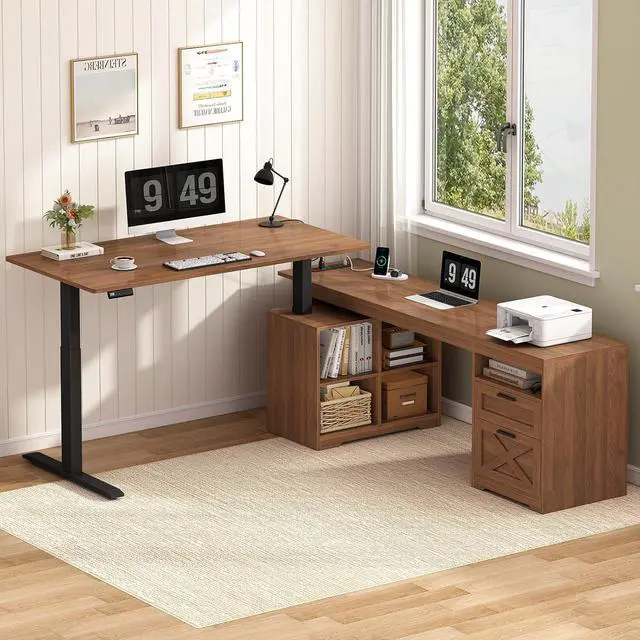 Alt view image 3 of 7 - Farmhouse L Shaped Standing Desk, 66 inch Corner Electric Standing Desk with Drawers Storage Shelves, Height Adjustable Computer Desk with Power Outlets for Home Office (Brown)