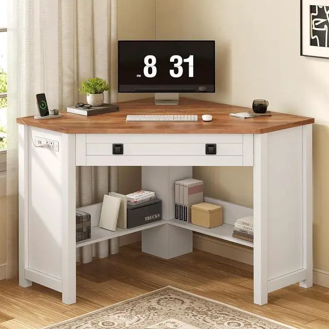 Main image of Small Corner Desk with Power Outlets, Farmhouse Corner Desk with Storage for Small Space, Triangle Computer Desk for Home Office, Workstation, Living Room, Bedroom, Brown and White