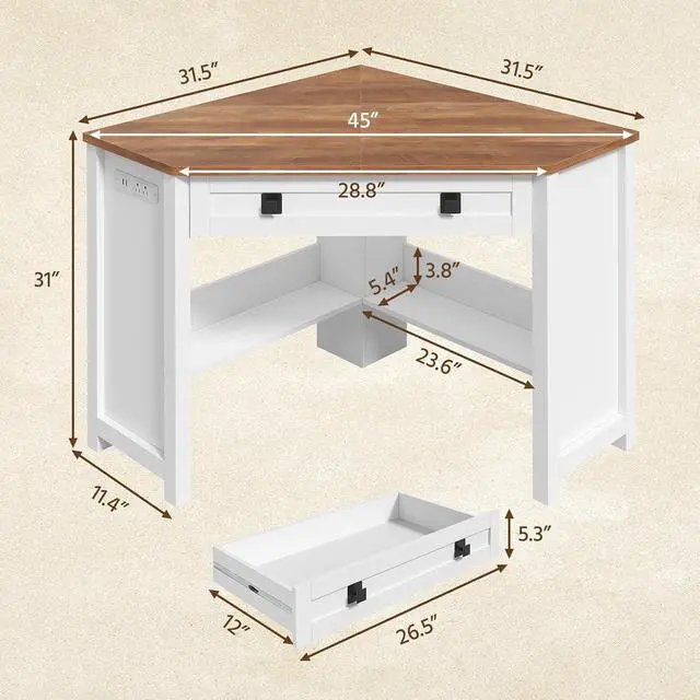 Alt view image 2 of 7 - Small Corner Desk with Power Outlets, Farmhouse Corner Desk with Storage for Small Space, Triangle Computer Desk for Home Office, Workstation, Living Room, Bedroom, Brown and White