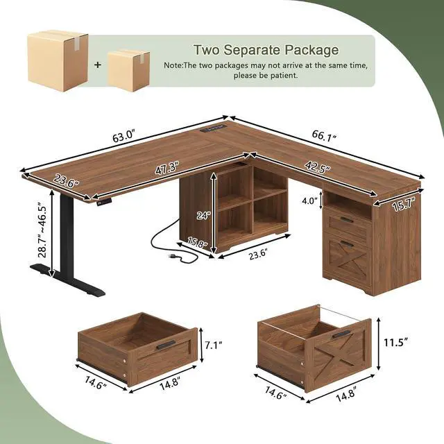 Alt view image 2 of 7 - Farmhouse L Shaped Standing Desk, 66 inch Corner Electric Standing Desk with Drawers Storage Shelves, Height Adjustable Computer Desk with Power Outlets for Home Office (Brown)
