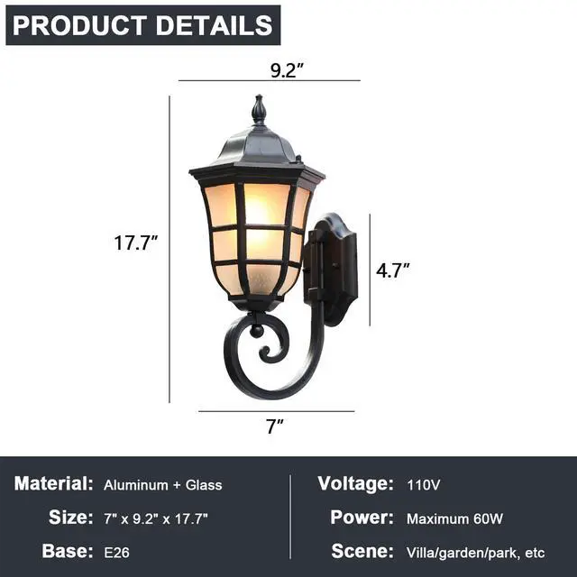 Alt view image 7 of 7 - Outdoor Wall Lanterns for Porch Patio Entryway Doorway Garage Aluminum Waterproof Exterior Wall Lights 17.7 inch Large Outdoor Light Fixtures with Frosted Glass Shade E26 Base