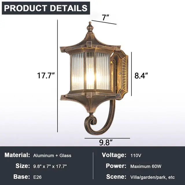 Alt view image 7 of 7 - European Exterior Wall Lanterns Waterproof Anti-Rust Aluminum Outdoor Wall Lights 17.7" Large Porch Lights E26 Socket Wall Lamps for Front Door Garage Patio