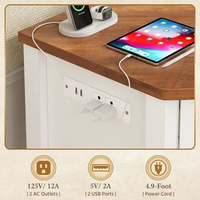 Alt view image 4 of 7 - Small Corner Desk with Power Outlets, Farmhouse Corner Desk with Storage for Small Space, Triangle Computer Desk for Home Office, Workstation, Living Room, Bedroom, Brown and White