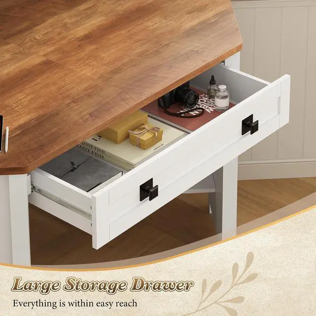 Alt view image 5 of 7 - Small Corner Desk with Power Outlets, Farmhouse Corner Desk with Storage for Small Space, Triangle Computer Desk for Home Office, Workstation, Living Room, Bedroom, Brown and White