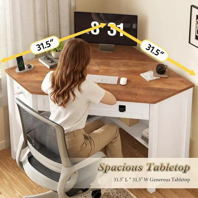Alt view image 7 of 7 - Small Corner Desk with Power Outlets, Farmhouse Corner Desk with Storage for Small Space, Triangle Computer Desk for Home Office, Workstation, Living Room, Bedroom, Brown and White