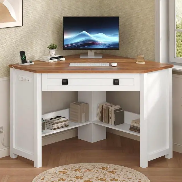 Alt view image 3 of 7 - Small Corner Desk with Power Outlets, Farmhouse Corner Desk with Storage for Small Space, Triangle Computer Desk for Home Office, Workstation, Living Room, Bedroom, Brown and White