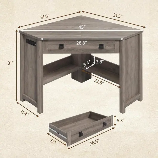 Alt view image 2 of 7 - Small Corner Desk with Power Outlets, Farmhouse Corner Desk with Storage for Small Space, Triangle Computer Desk for Home Office, Workstation, Living Room, Bedroom, Grey