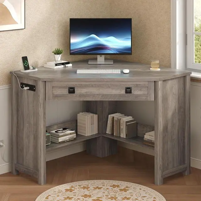Alt view image 3 of 7 - Small Corner Desk with Power Outlets, Farmhouse Corner Desk with Storage for Small Space, Triangle Computer Desk for Home Office, Workstation, Living Room, Bedroom, Grey