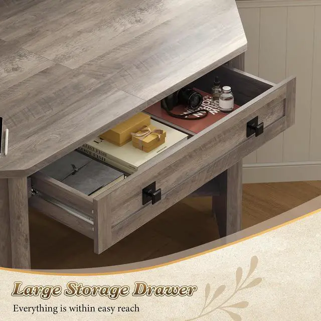 Alt view image 5 of 7 - Small Corner Desk with Power Outlets, Farmhouse Corner Desk with Storage for Small Space, Triangle Computer Desk for Home Office, Workstation, Living Room, Bedroom, Grey