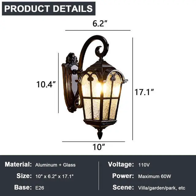 Alt view image 7 of 7 - Outdoor Wall Light Fixtures Exterior Waterproof Porch Wall Lanterns Anti-Rust Aluminum Outdoor Wall Light 17" Black Exterior Light Fixtures for House Front Door Garage