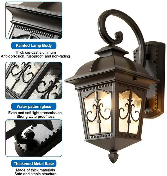 Alt view image 6 of 7 - 21.2" Large Waterproof Outdoor Wall Lantern Black Anti-Rust Aluminum Porch Lights Sconces with Water Pattern Glass European Vintage Exterior Light Fixtures for Porch Garage Patio
