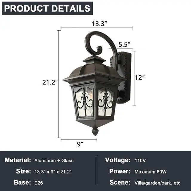 Alt view image 7 of 7 - 21.2" Large Waterproof Outdoor Wall Lantern Black Anti-Rust Aluminum Porch Lights Sconces with Water Pattern Glass European Vintage Exterior Light Fixtures for Porch Garage Patio