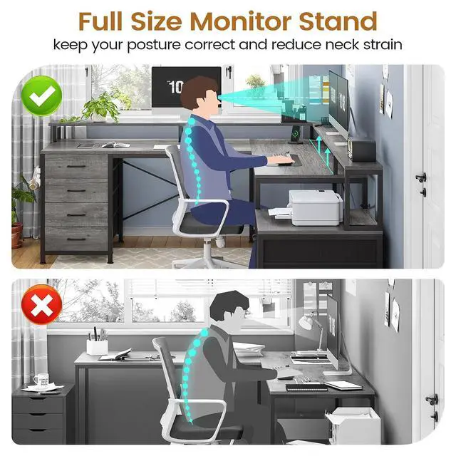 Alt view image 6 of 7 - L Shaped Desk with 6 Drawer, 108" Home Office Desk with File Drawer & Power Outlet, Corner Computer Desk with Monitor Shelf, Two Person Desk, Gaming Desk with Led Lights, Grey