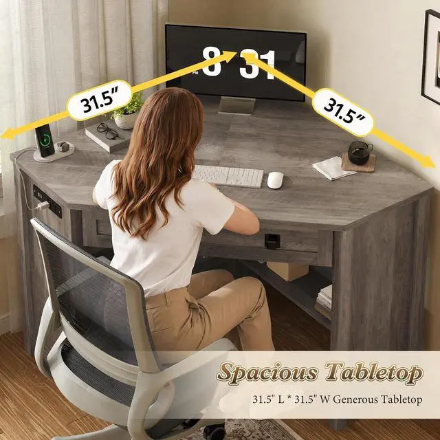 Alt view image 7 of 7 - Small Corner Desk with Power Outlets, Farmhouse Corner Desk with Storage for Small Space, Triangle Computer Desk for Home Office, Workstation, Living Room, Bedroom, Grey