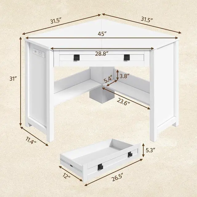 Alt view image 2 of 7 - Small Corner Desk with Power Outlets, Farmhouse Corner Desk with Storage for Small Space, Triangle Computer Desk for Home Office, Workstation, Living Room, Bedroom, White