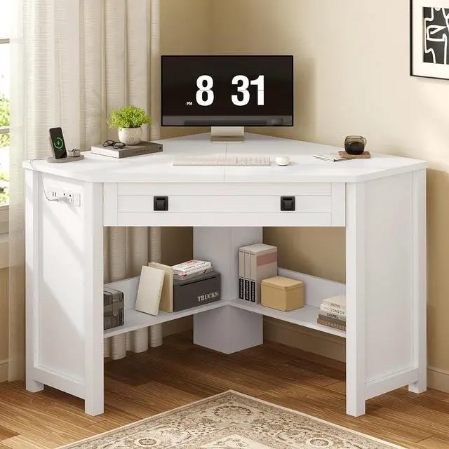 Main image of Small Corner Desk with Power Outlets, Farmhouse Corner Desk with Storage for Small Space, Triangle Computer Desk for Home Office, Workstation, Living Room, Bedroom, White