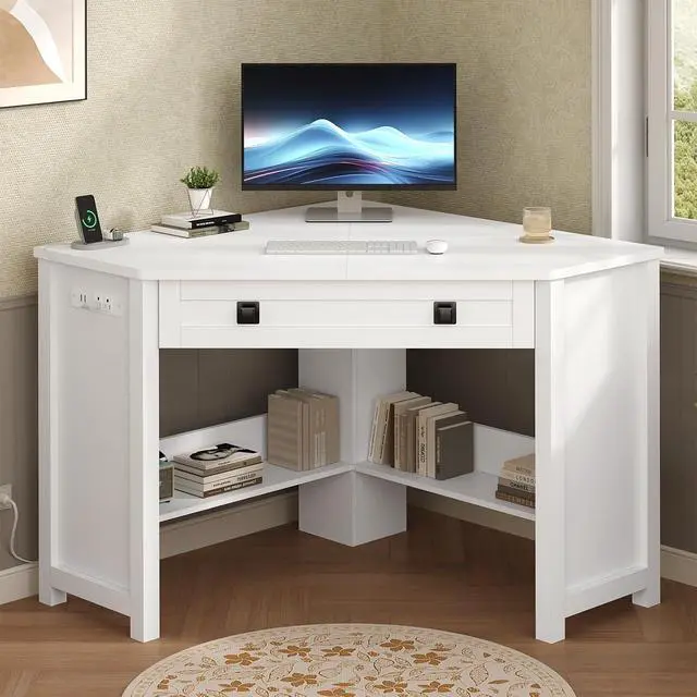 Alt view image 3 of 7 - Small Corner Desk with Power Outlets, Farmhouse Corner Desk with Storage for Small Space, Triangle Computer Desk for Home Office, Workstation, Living Room, Bedroom, White