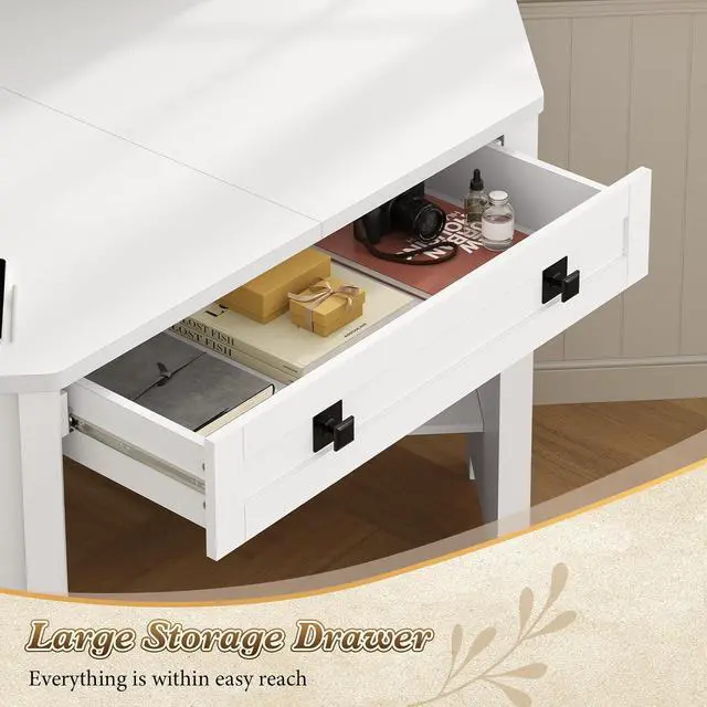 Alt view image 5 of 7 - Small Corner Desk with Power Outlets, Farmhouse Corner Desk with Storage for Small Space, Triangle Computer Desk for Home Office, Workstation, Living Room, Bedroom, White