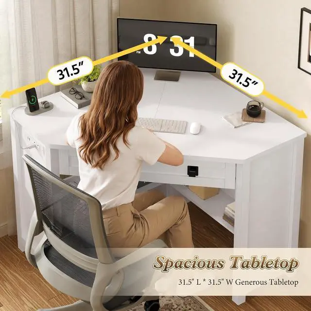 Alt view image 7 of 7 - Small Corner Desk with Power Outlets, Farmhouse Corner Desk with Storage for Small Space, Triangle Computer Desk for Home Office, Workstation, Living Room, Bedroom, White