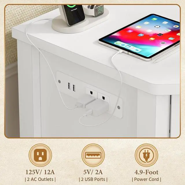 Alt view image 4 of 7 - Small Corner Desk with Power Outlets, Farmhouse Corner Desk with Storage for Small Space, Triangle Computer Desk for Home Office, Workstation, Living Room, Bedroom, White