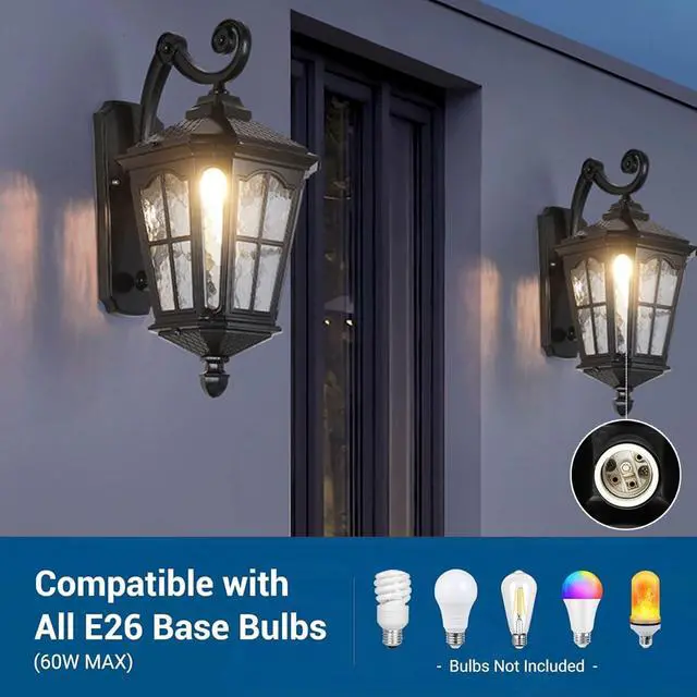 Alt view image 4 of 7 - Vintage Outdoor Wall Light Waterproof Exterior Porch Wall Lanterns Wall Mounted Fixture with Water Ripple Glass for House Front Porch Patio