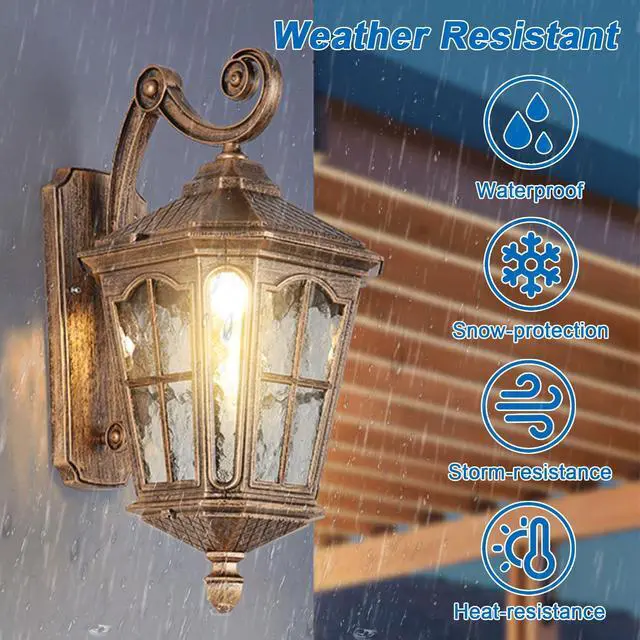 Alt view image 2 of 7 - Vintage Outdoor Wall Light Waterproof Exterior Porch Wall Lanterns Wall Mounted Fixture with Water Ripple Glass for House Front Porch Patio