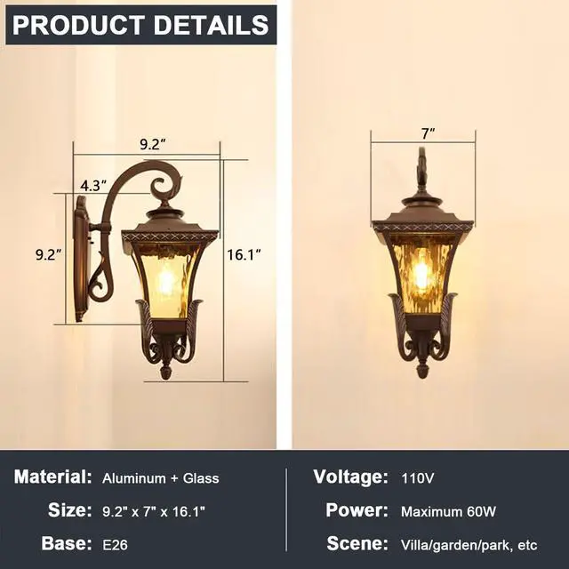Alt view image 7 of 7 - Outdoor Wall Lanterns 16" Waterproof Porch Wall Lights Aluminum Retro Exterior Lighting Fixtures for House Patio Entryway Garage