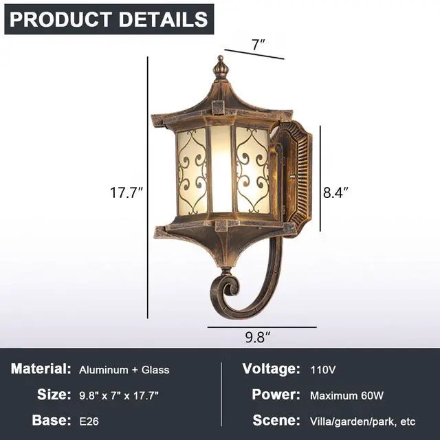 Alt view image 7 of 7 - 17.7 Inch Large Outdoor Wall Lanterns IP65 Waterproof Anti-Rust Retro Front Porch Lights Aluminum Wall Mount Exterior Light Fixtures with Frosted Glass for House Patio Entryway Garage