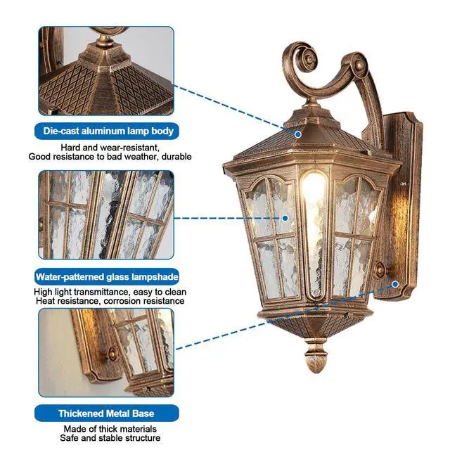 Alt view image 6 of 7 - Vintage Outdoor Wall Light Waterproof Exterior Porch Wall Lanterns Wall Mounted Fixture with Water Ripple Glass for House Front Porch Patio